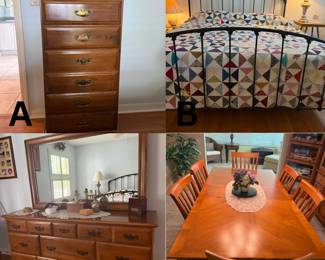 A. 7-Drawer Lingerie Chest B. Wrought Iron Queen Bed Frame C. Ethan Allen  Dresser and Mirror D. Broyhill  7-Pc Dining Set 