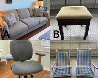 A. Tailored 3-Cushion Sofa B. Side Chair C. Desk Chair D. Beach Chairs 