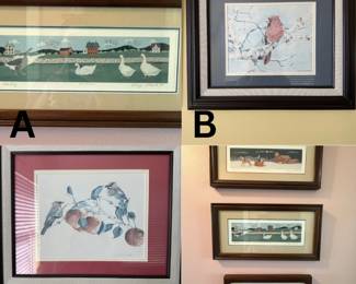 A. Nancy Lubek- Meeting (Geese) Signed Ltd. Edition Print B. Nancy Revoir Dezotell- Northern Cardinal on White Birch C. Nancy Revoir Dezotell- Cedar Waxwings D. Nancy Lubek Paintings