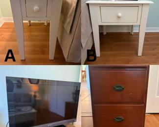 A. & B. White End Tables (Pair) C. TV D. Cabinet