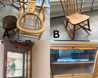 A. Vintage Cane Chair (Project) w/ Book B. Rocking Chair C. Wall-Mount Mirrored Curio Case D. Oak Waterfall Media Console