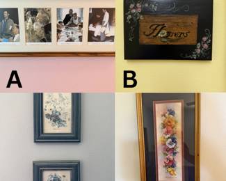 A. Norman Rockwell (1943)- Four Freedoms Framed Print  B. Flower Folk Art Sign C. Album Vilmorin- French Botanical Prints D. Carolyn Shores Wright- Pansy Parade