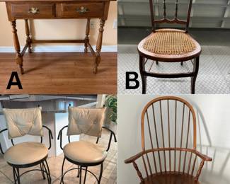 A. Colonial Hall Table B. Victorian Fiddle-Back Chair C. Wrought Iron Swivel Stools (Pair) D. Windsor High-Back Rocker  
