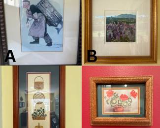 A. Norman Rockwell (1955)- The Mermaid B. Pamela J.S. Goss- Mountain Lupines (5/100) C. Hetty L. Metzger- Four Baskets Framed Folk Art D. Geranium in a Terracotta Pot
