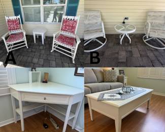 A. White Wood Rockers & Side Table B. Metal Swivel Rockers & Glass Table C. White Writing Desk D. White Cottage Coffee Table