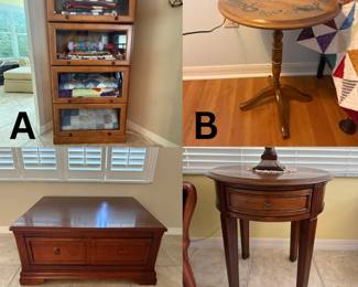 A. 4-Door Oak Quilt Display Cabinet B. Fruit-Painted Candle Stand C. Square Storage Coffee Table D. Round Mahogany Accent Table 