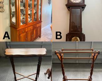A. Broyhill Arched China Hutch  B. Grandfather Clock C. Spindle-Leg End Table D. Spool-Turned Quilt Rack