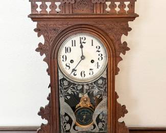 53 AntiqueENWelchVictorianCarvedWoodShelfClockJacotRegulator