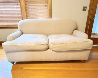 5 SolidWoodLoveseatRecentFabricReupholsterywTurnedWoodFeet