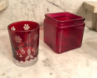 Cranberry Glass Cup and candleholder