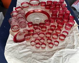 Vintage Cranberry Diamond Point Glass Set
