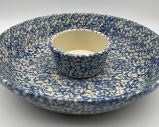 Vintage Gerald E. Henn Roseville Pottery Blue Spongeware Chip and Dip Set