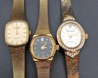 3 Vintage Womens Gold Tone Watches Elgin, Embassy, Benrus
