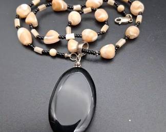 Onyx And Sterling Pendant On Beaded Chain