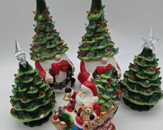 Green Ceramic Lighted Christmas Trees W Lighted Ceramic Santa Set Of 3 8in