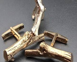 Vintage Cufflink And Tie Clip Set Twig Design