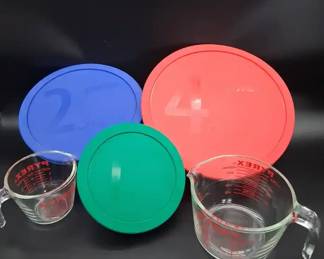 Pyrex Covered Glass Bowls And Measuring Jugs