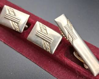 Vintage Cufflink And Tie Clip Set Silver Design