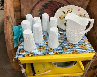 Milk glasses and pitcher
