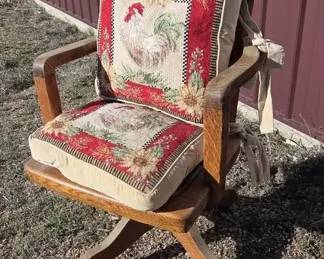 Vintage Wooden Swivel Desk Chair with Rooster Needlepoint Cushions