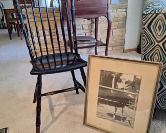 Vintage Black Windsor Side Chair with Framed Ostrich Print