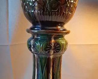 Vintage Tall Green Glazed Ceramic Jardiniere on Pedestal