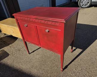 Vintage Red Painted Cabinet  Server with LiftTop Storage