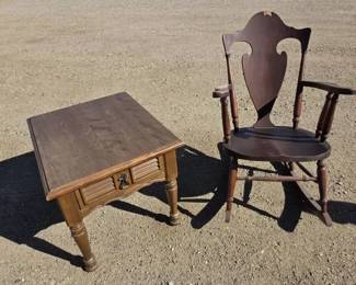 Vintage Wooden Side Table  Rocking Chair Set