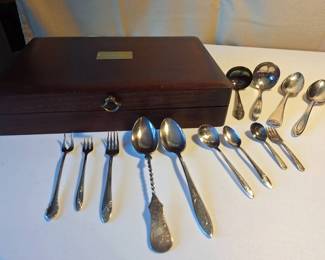 Mixed Silverplate Flatware Lot with Naken Chest  Additional Serving Pieces