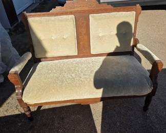 Vintage Upholstered Wood Settee  Loveseat