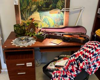 Wooden Desk, Rolling Chair, Crochet Blanket, "Canal in Mexico" Alfred C Myers 