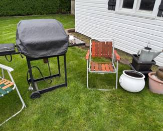 Vintage Folding Chair, Planters, Grill 