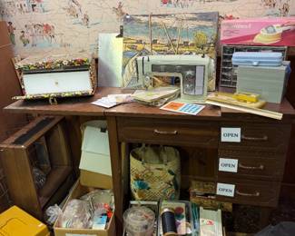 Wooden Desk, Sewing Machine 