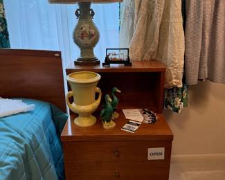 Wooden Side Table, Vintage Lamp 