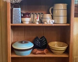 VINTAGE CROCKS & POTTERY, SOLID OAK WOOD BOOK CASE