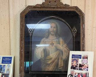 ORNATELY FRAMED SACRED HEART OF JESUS , A HISTORY OF HOLY CROSS PARISH BOOK, VINTAGE MANTILLAS