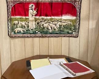 VINTAGE OCTAGONAL WOOD COFFEE TABLE, VINTAGE VELVET WALL TAPESTRY FEATURING THE GOOD SHEPHERD