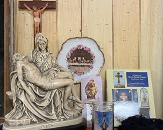 VINTAGE MARWAL CHALKWARE PIETA, VINTAGE MANTILLAS