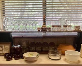 VINTAGE CRYSTAL STEMWARE, VINTAGE CANISTER SET WITH WOOD CADDY & LIDS, EARLY AMERICAN PRESSED GLASS PITCHER & GLASSES