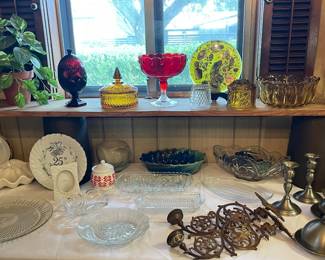 LUMINARC CRISTAL D’ARQUES RUBY GARNET RED EGG CANDY DISH, 1960’S INDIANA GLASS AMBER COVERED CANDY DISH, VINTAGE RED COMPOTE, BRASS CANDLE WALL SCONCES, AMBER FAIRY LAMP, CLEAR GLASS FAIRY LAMP PLEASE NOTE: WE DID FIND THE BOTTOMS TO THE FAIRY LAMPS! SEE NEXT PHOTO!