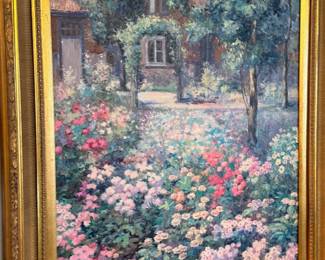 Framed garden cottage oil painting