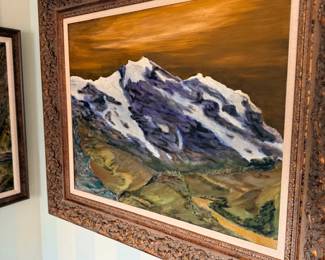 Framed mountain landscape oil painting