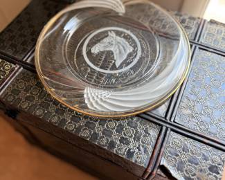 Etched glass horse plate, gold rim