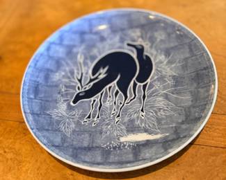 Blue art glass plate with etched deer