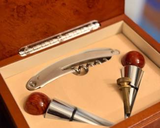 Wine accessory set in wood box