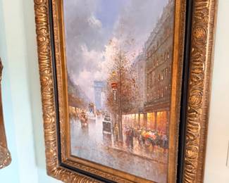 Framed Parisian street scene oil painting
