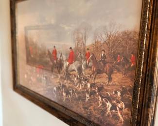 Framed fox hunting scene oil painting