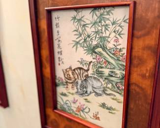 Framed Chinese painting with cats and bamboo