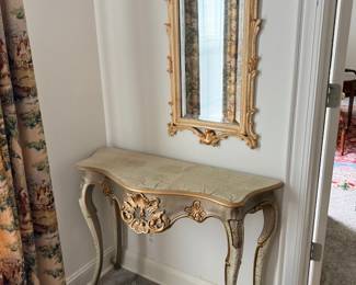 Gilt console table with marble top and mirror