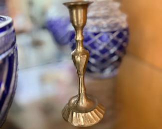 Brass candlestick and cobalt crystal